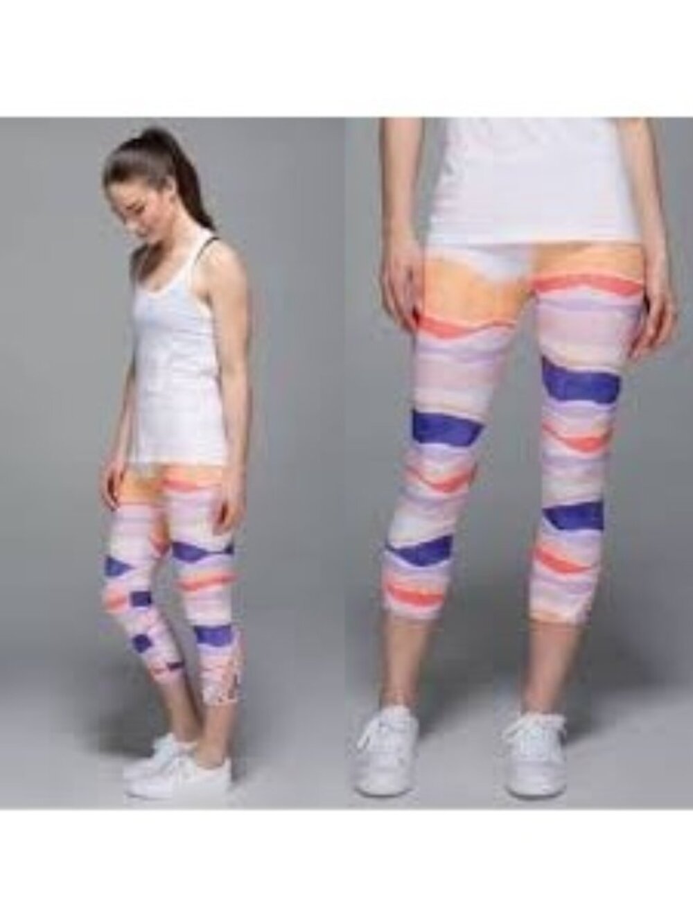 Lululemon True Self Crop Leggings Bleacher Stripe White Iris Flower Size 8 Yoga